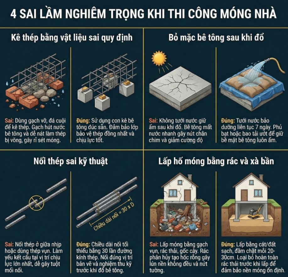 4 sai lầm nghiêm trọng khi thi công móng nhà có thể gây lún nứt công trình và làm giảm tuổi thọ ngôi nhà. Tìm hiểu ngay để tránh những rủi ro khi xây dựng.