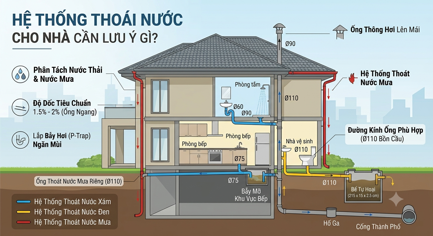 Hệ Thống Thoát Nước Cho Nhà Cần Lưu Ý Gì? 5 Tiêu Chuẩn Kỹ Thuật Quan Trọng